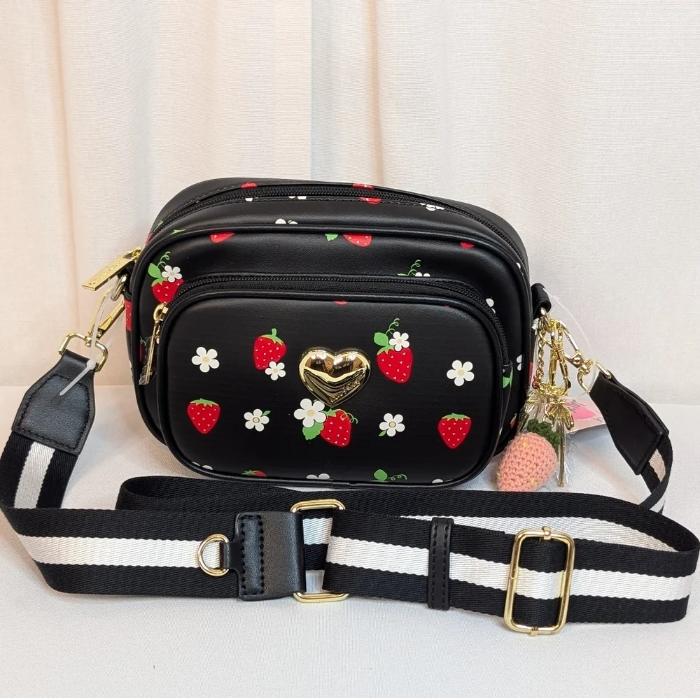 Luv Betsey Johnson Black Strawberry And Daisy Multiple Charm Crossbody Bag - Picture 5 of 9